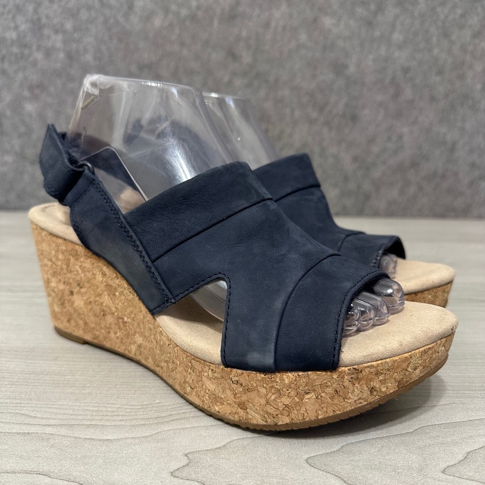 Clarks Annadel Ivory Wedge Sandals Womens 9.5 Navy Nubuck Cork Platform
